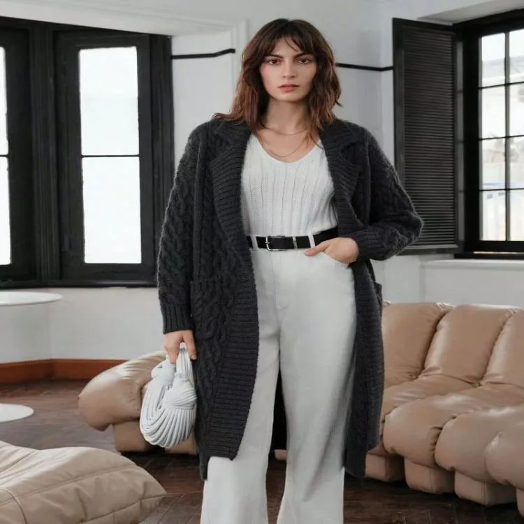 

Ele вязаный свитер, кардиган, женский высококачественный шерстяной топ, длинная модная верхняя одежда с волнистым узором све