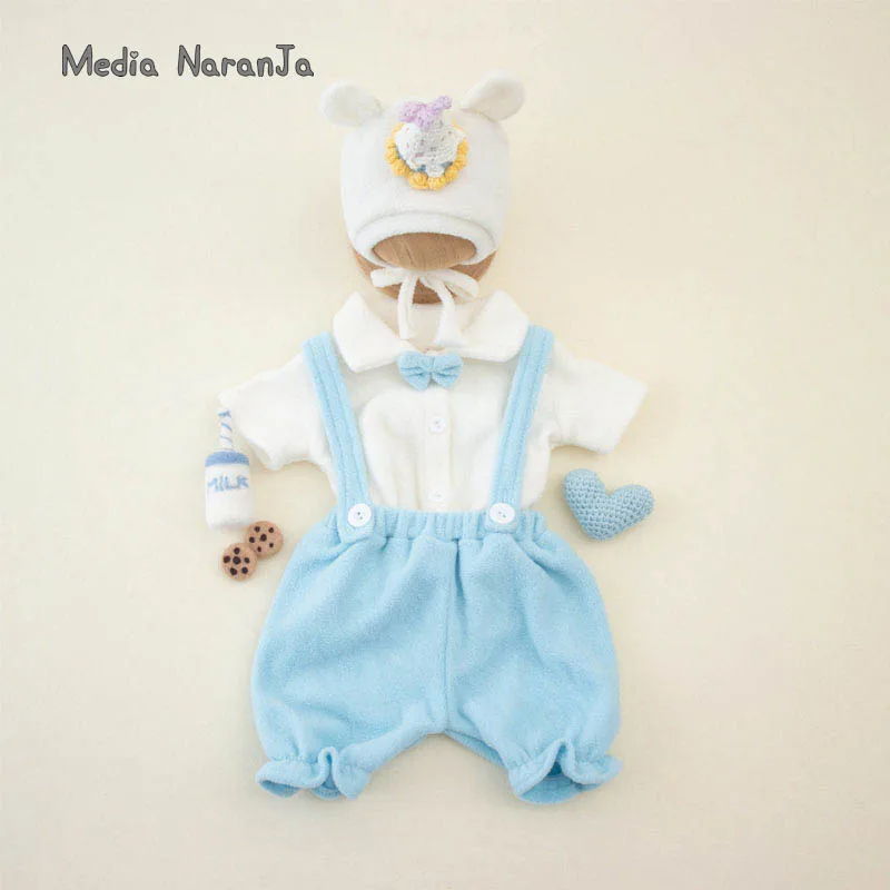 Newborn baby photography props outfit knitted hat shirt suspender pants 3pcs set vintage gentlemen infant photo shoot costume