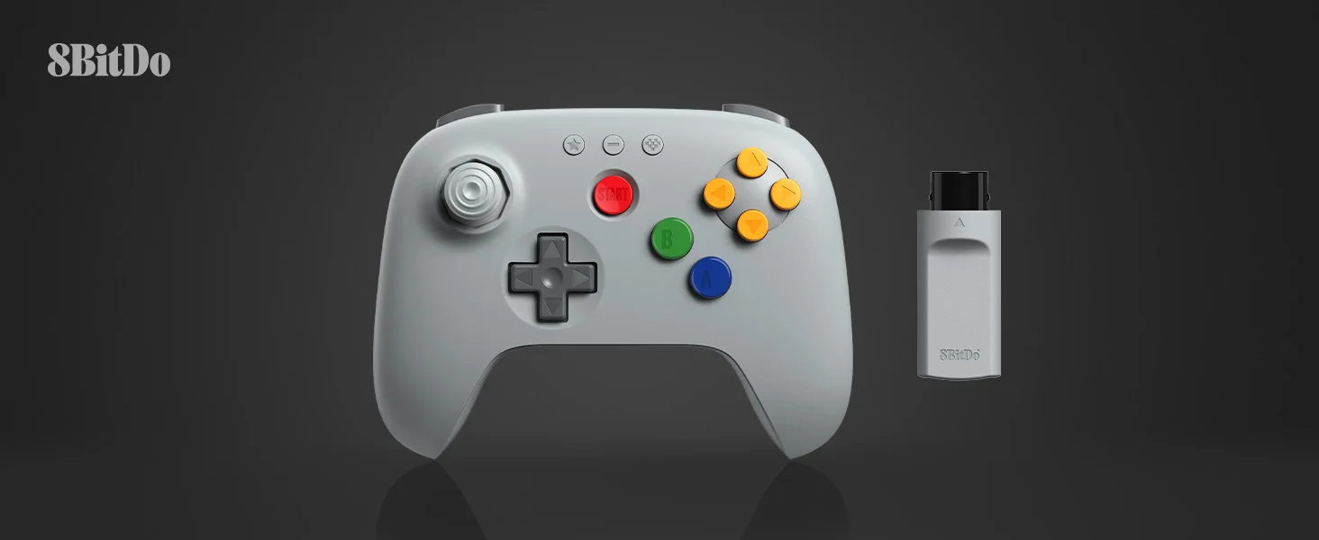8BitDo N64 2,4G Kabelloser Controller für Original N64 Konsole, Analoger 3D-Joystick und Windows (Grau) Hall-Effekt Gamepad – Detail 1