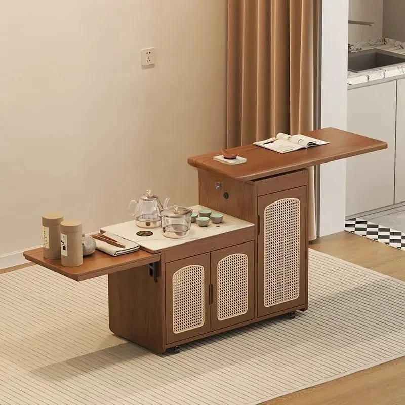 

Мобильная балконная тележка из цельного дерева, многофункциональный чайный шкаф, чайный столик из каменной плиты