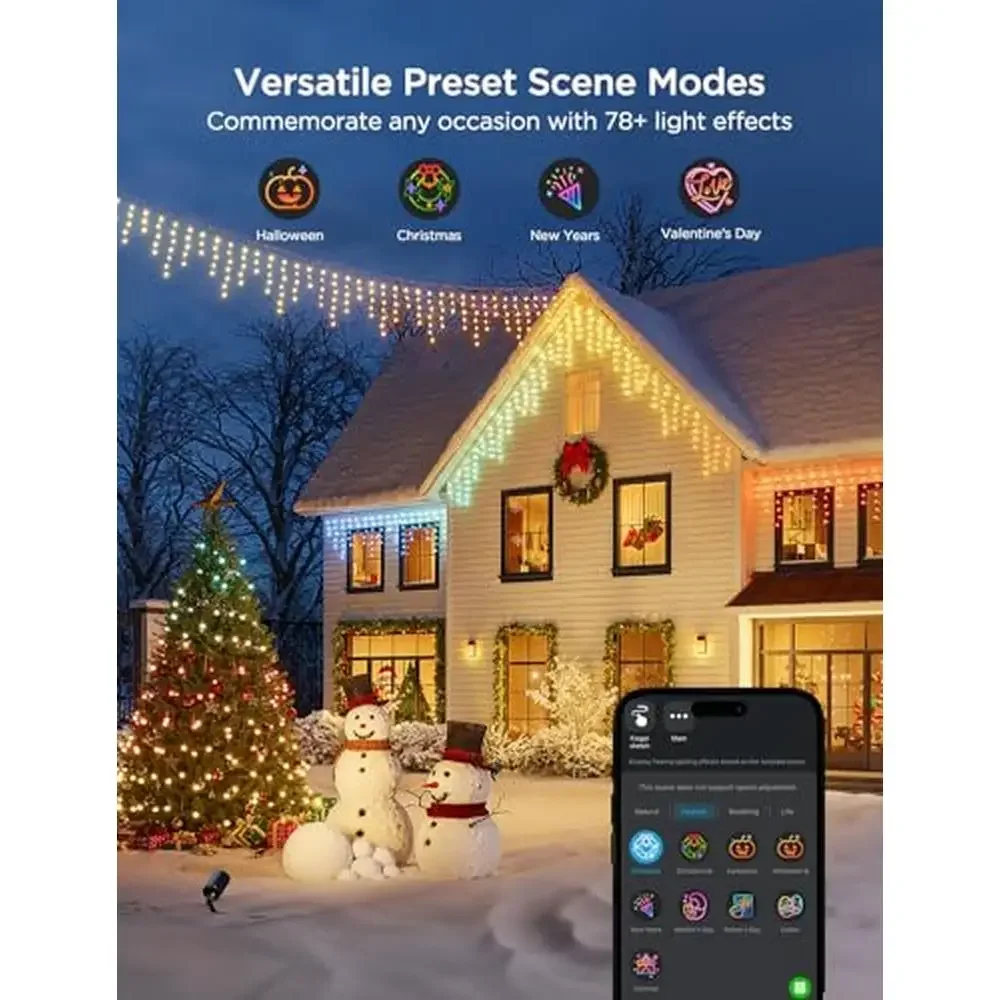Outdoor Smart RGBIC Icicle Lights 33ft with 400 LEDs AI Light Show 78  Scene Modes IP65 Waterproof Smart Home Integration