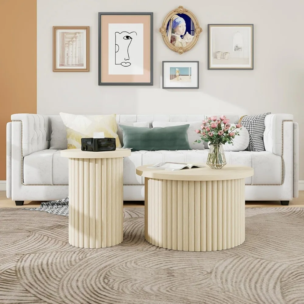 

Wooden Nesting Coffee Table Set of 2,Modern Round Coffee Table with Non-Slip Feet,Nesting Fluted Side Tables for Living Room Bal