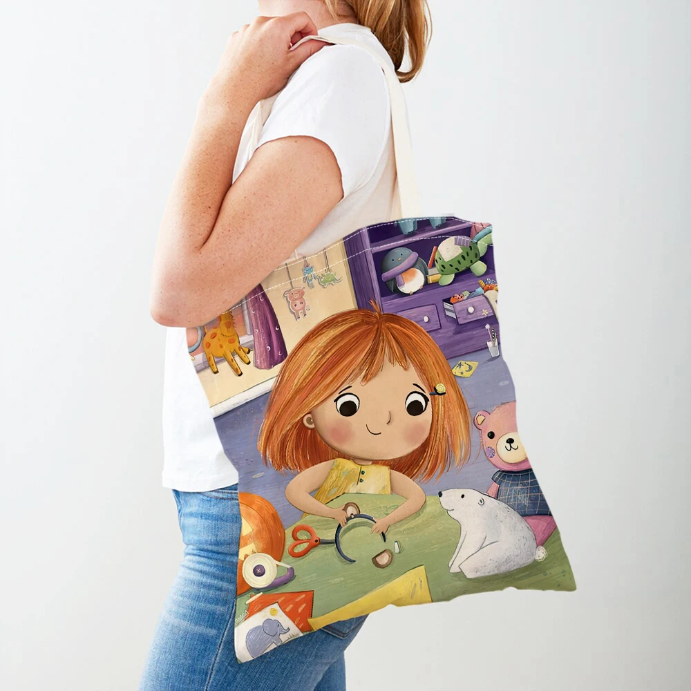 Cartoon Children Girl Shopping Bag for Women Reusable Foldable Casual Canvas Girl Shopper Bags Tote Travel Handbag