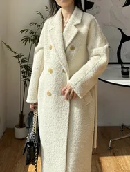 High Quality Women Thick Alpaca Wool Coat New Vintage Double Breasted Long Lace-up Woolen Coat Loose Tweed Jacket Autumn Winter