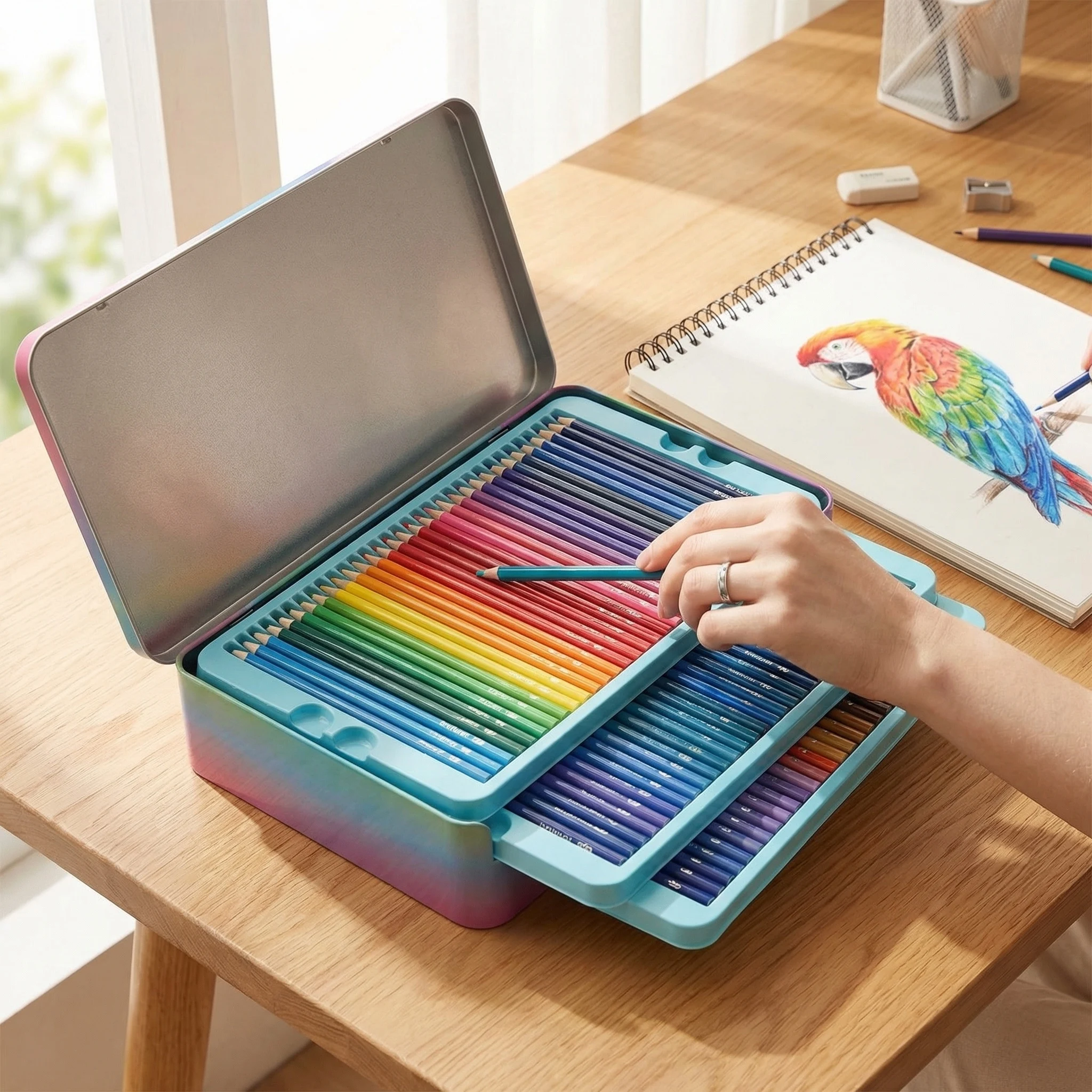 

Цветные карандаши в наборах на 48/72/120/160/180 цветов в жестяной коробке. Идеально подходят для раскрашивания в книжках-раскрасках, яркие цвета.