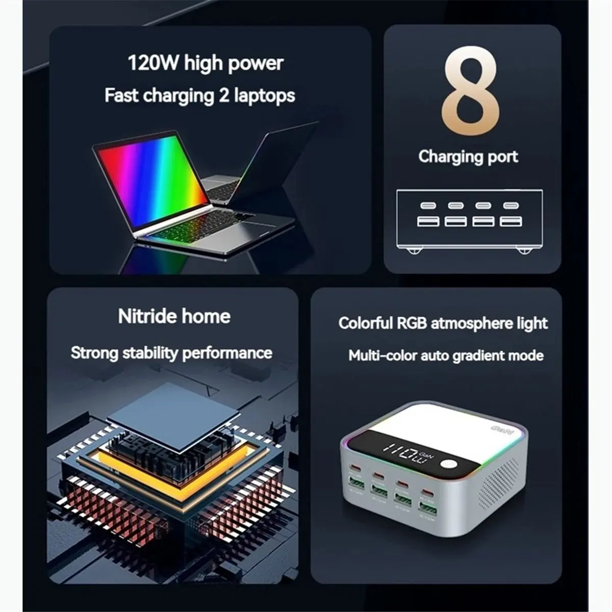 【x10a】chargeur-multi-usb-120w-8-ports-type-c-qc30-pd-100w-station-de-charge-rapide-pour-ordinateur-portable-telephone-tablette-ecouteurs-prise-eu