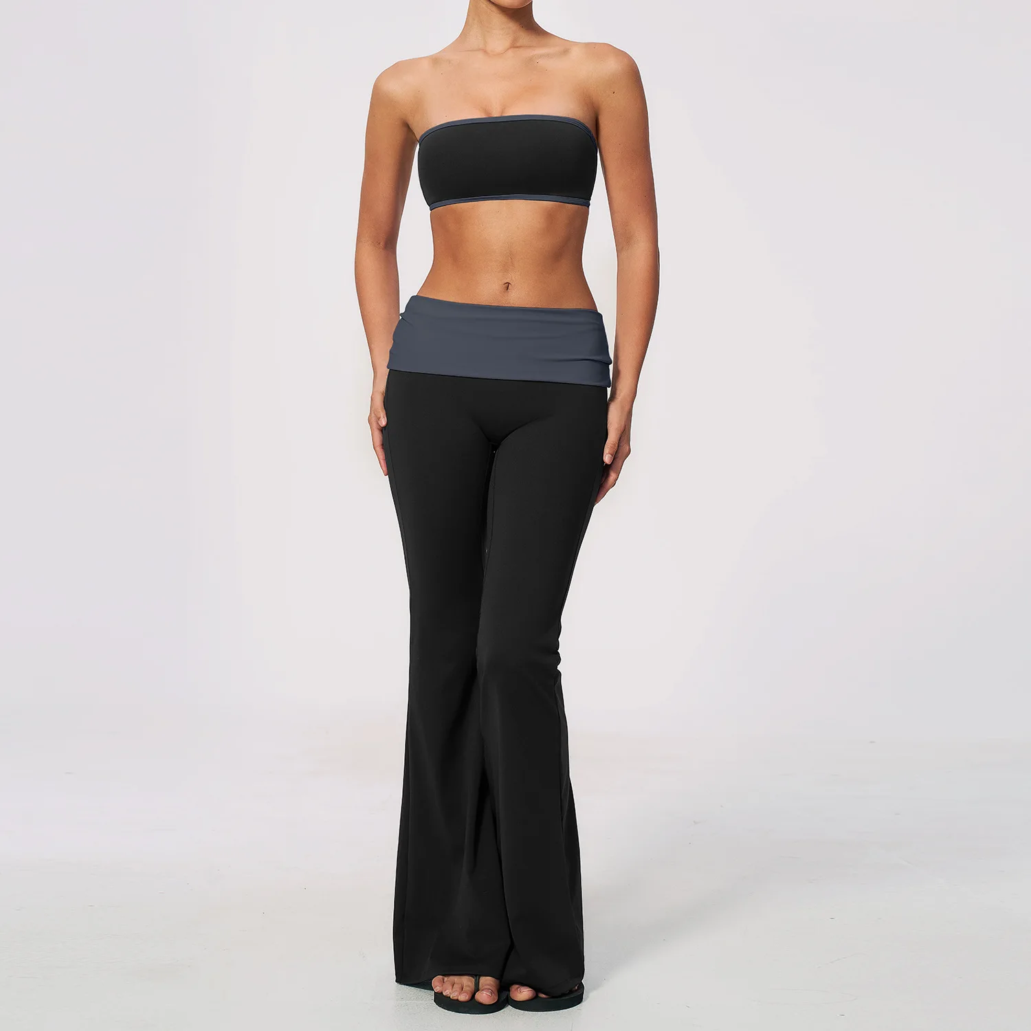 Contrast Color Yoga Set Breathable Off Shoulder Sports Bra High Waist Folded Flare Pants Quick Dry Workout Fitness Running Suit