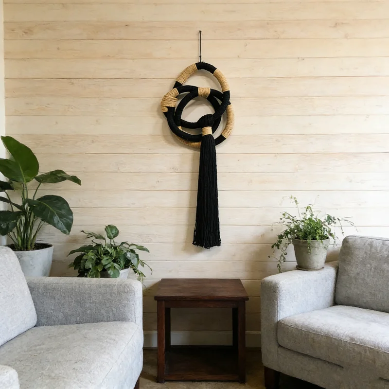 

Настенное панно в стиле бохо макраме с кисточками, ручной работы, плетеное, с узлами, минималистичное, черно-бежевое, из веревки, для гостиной и спальни