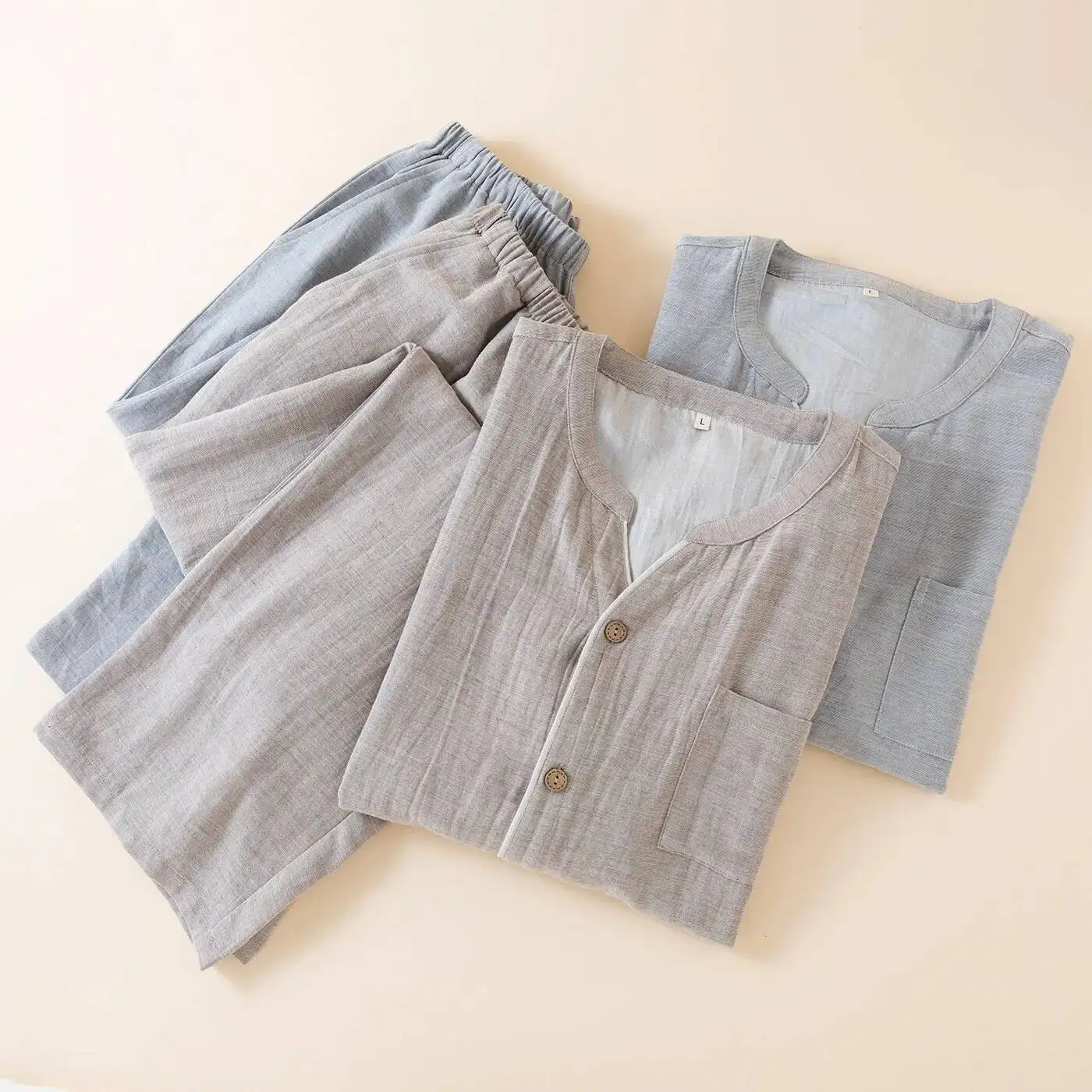 

Хлопковые льняные брюки без принта, пижамный комплект, мужская домашняя одежда, весенне-осенний кардиган, пижамный костюм