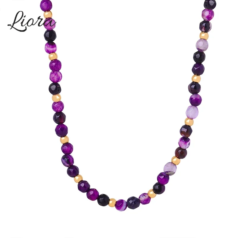 

Liora Premium Purple Natural Stone Stainless Steel Strand Beads Necklaces For Women Wedding Engagement Handmade Jewelry Gifts