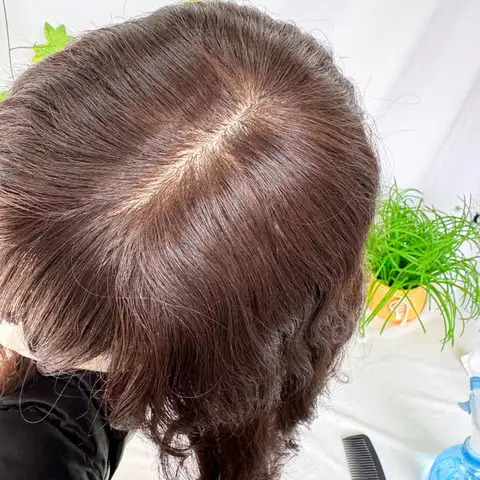 여성용 실크 탑 풀 레이스 가발, 짧은 웨이브 가발, 앞머리 있는 인모 밥 가발, 접착제 없는 가벼운 피부 두피 가발 다크 브라운, 5x5