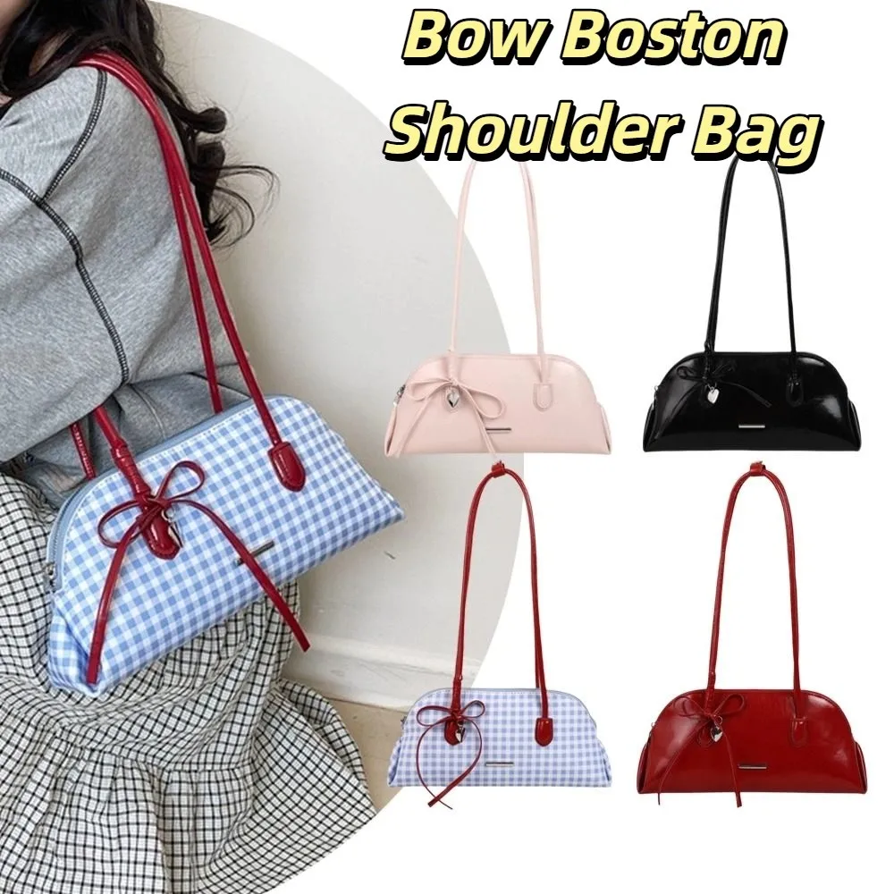 New Korean Style Plaid Underarm Pack PU Leather Casual Boston Shoulder Bag Solid Color Sweet Bowknot Women Handbag Ladies/Girls