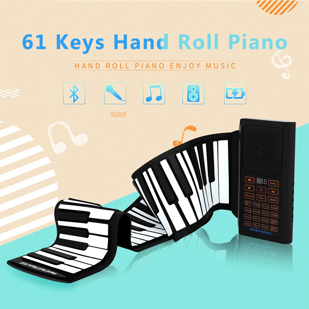 61 Keys Mini Roll Up Piano Silicone Portable Foldable Soft Keyboard Electronic Piano Black&White Musical Instrument For Kid Gift