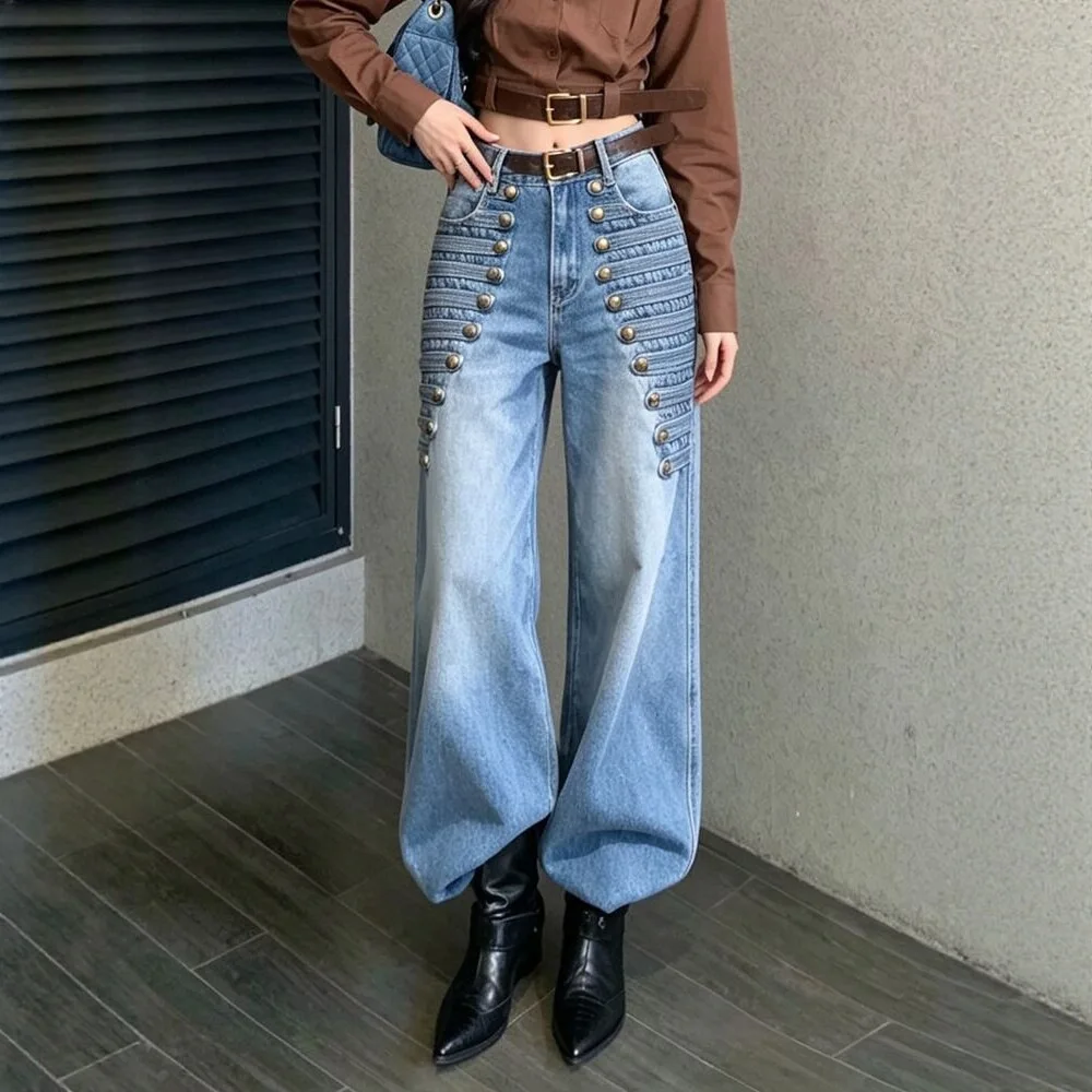 Womens Y2K Washed Denim Jeans Metal Buckle Wide Leg Loose Straight Mop Pants Retro Streetwear Casual Daily Outfit Trousers