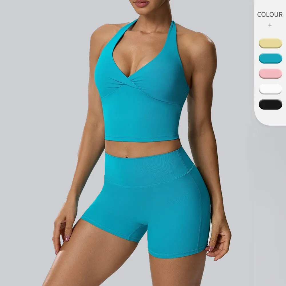 Women 2Pcs Yoga Set Deep V Neck Sports Vest Invisible Hip‑Lifting Shorts High Elastic Gym Workout Fitness Two‑Piece Outfit