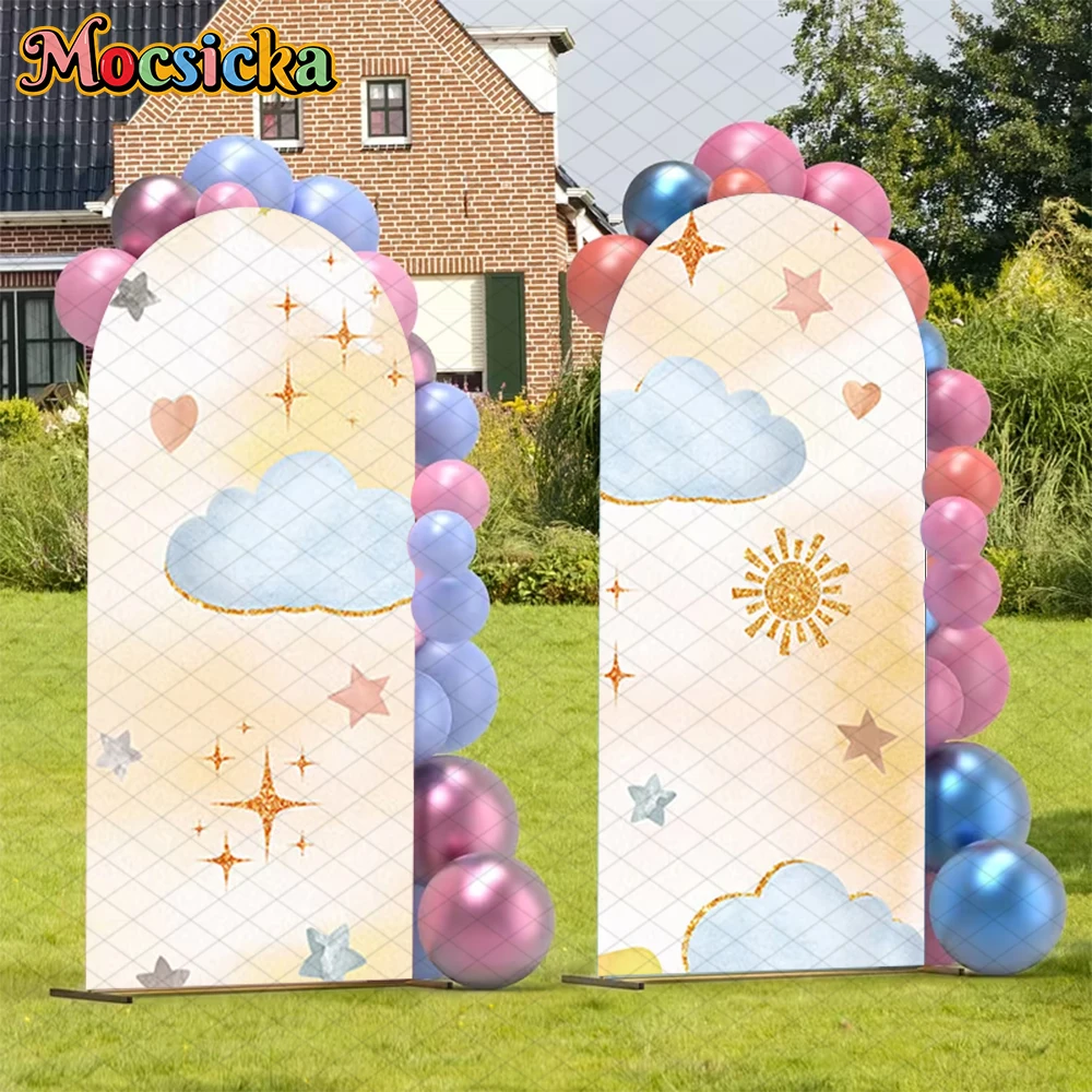 

Mocsicka Baby Shower Birthday Arch Covers Backdrop Elastic Double-Sided Party Arched Backgrounds Sun Clouds Star Decor Photocall