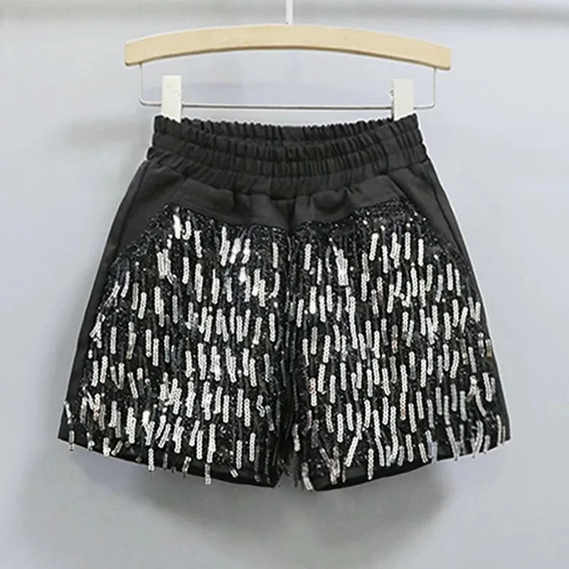 2025 Primavera/Estate Nuovi pantaloncini elastici in vita moda scintillante Discoteca socialite Pantaloni caldi in tre parti Tendenza donna