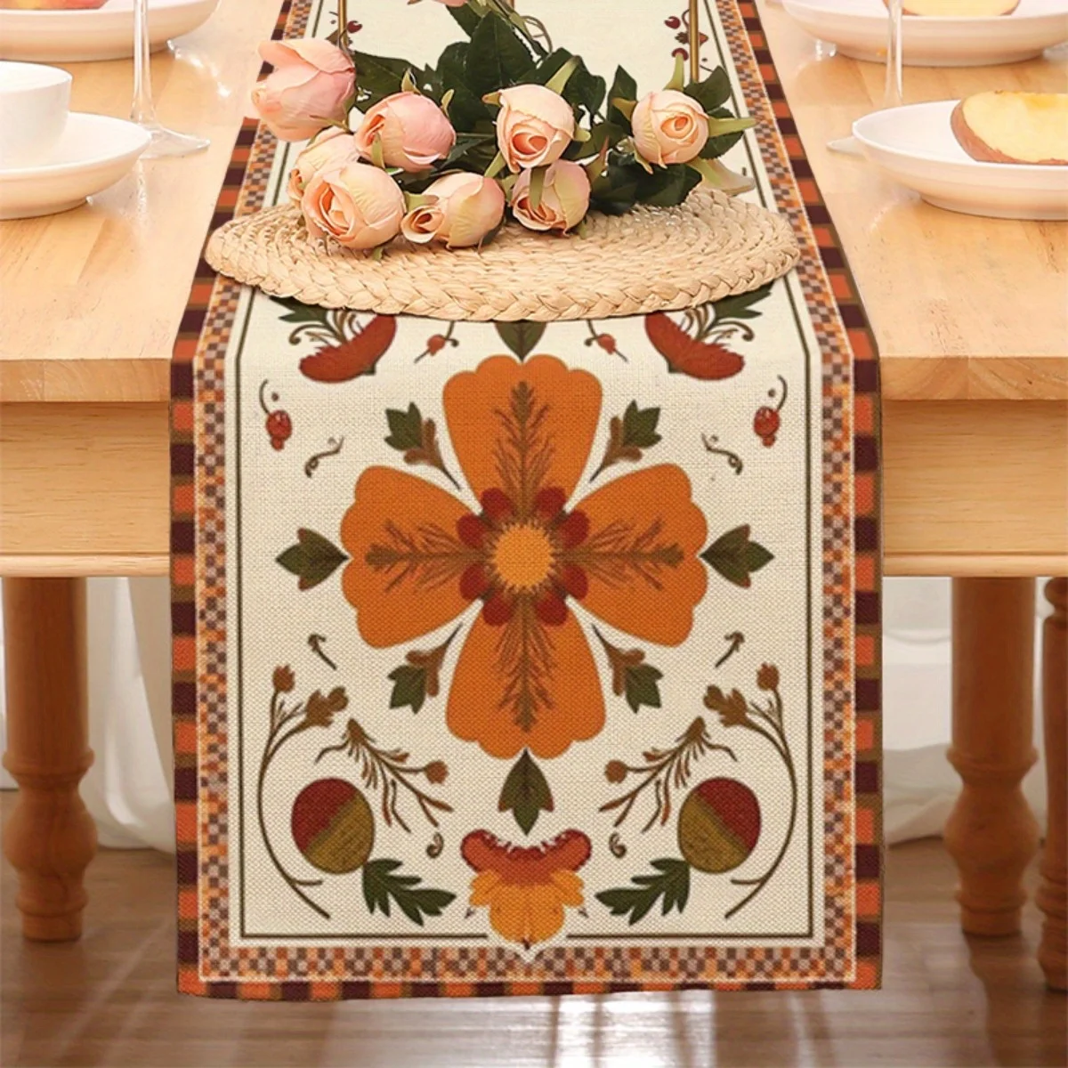 

1 Piece of Autum Floral Tablecloth - Orange Flowers and Green Leaves Design, Suitable for Restaurants, Homes, Cafes, Handmade Markets, and Soft Decoration Displays.