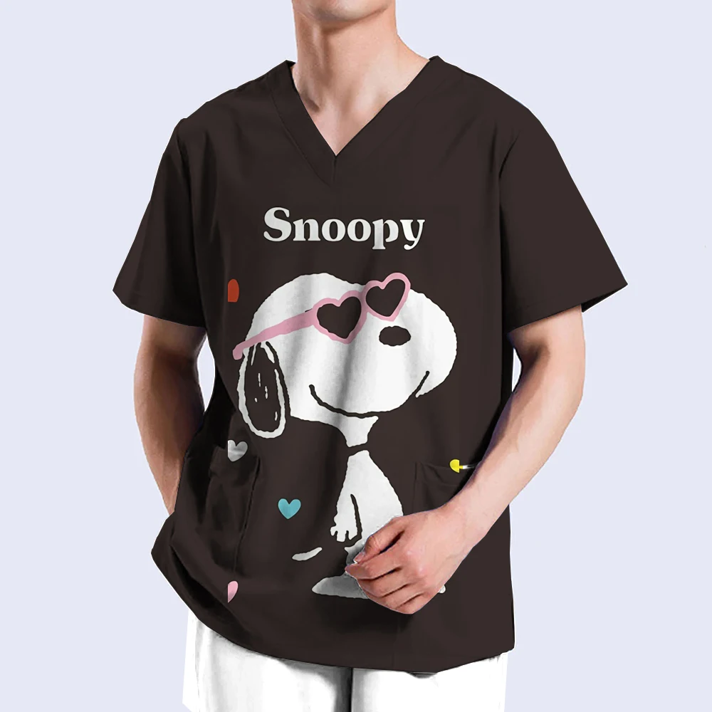 Cartoon Pflege Scrubs Tops Krankenschwester Uniform Snoopy Print T-shirt ERDNÜSSE Mann Frauen Mode V-ausschnitt Tasche Medizinische Arbeitskleidung y2k top