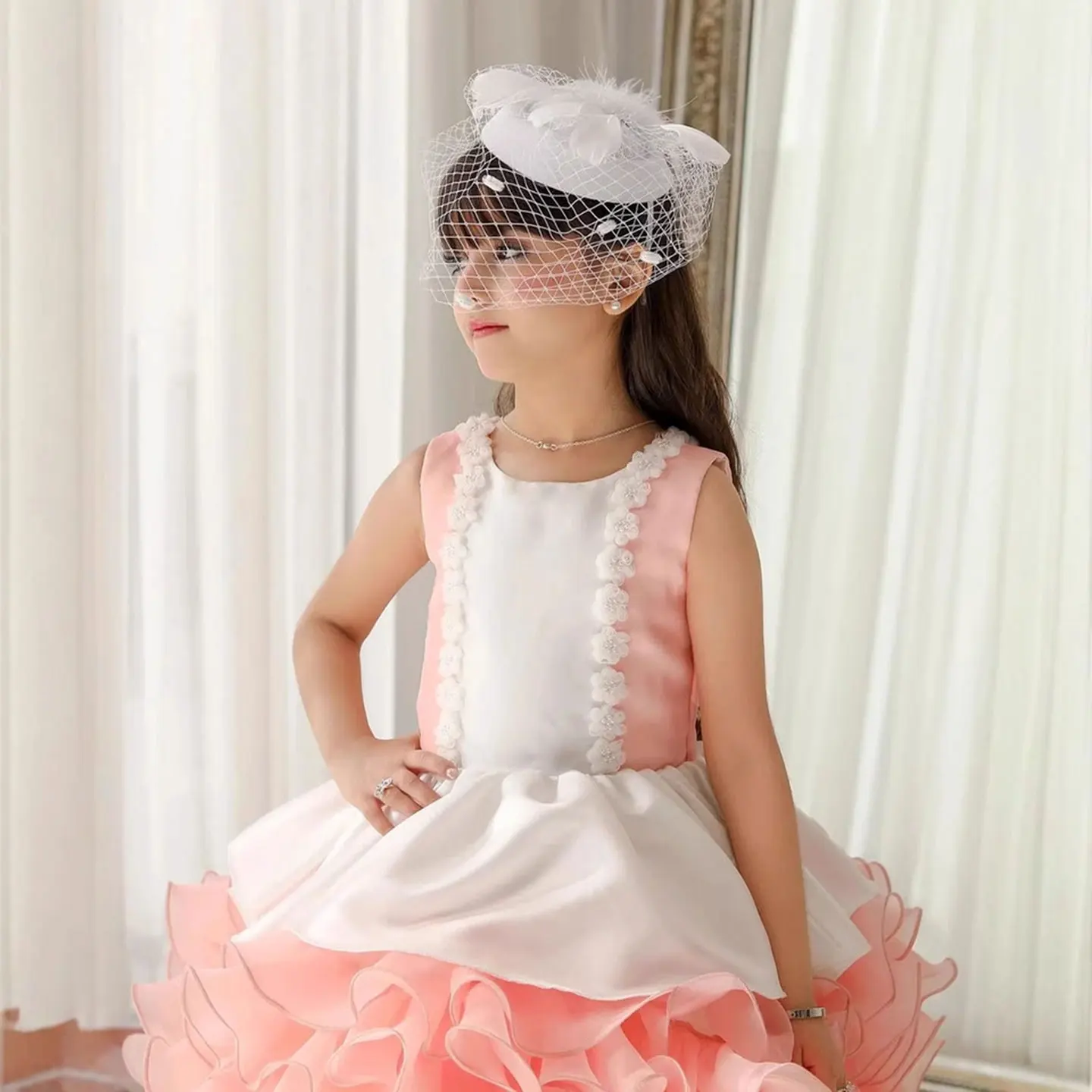 

Качественное нежно-розовое пышное платье для девочек с цветочным узором, с оборками на подоле, для дня рождения, свадьбы, для гостей, наряд принцессы