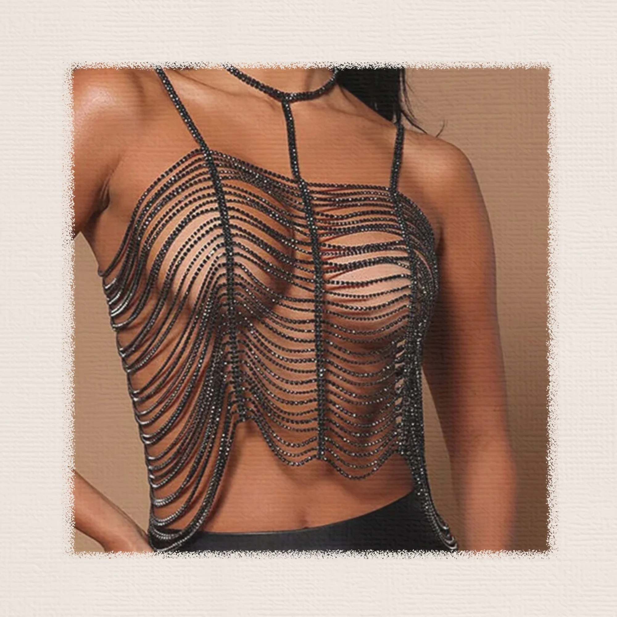 Body Jewelry Summer Beach Fashion Multilayer Black Rhinestone Tassel Fringed Sexy Bikini Bra Chain Body waist chain for women