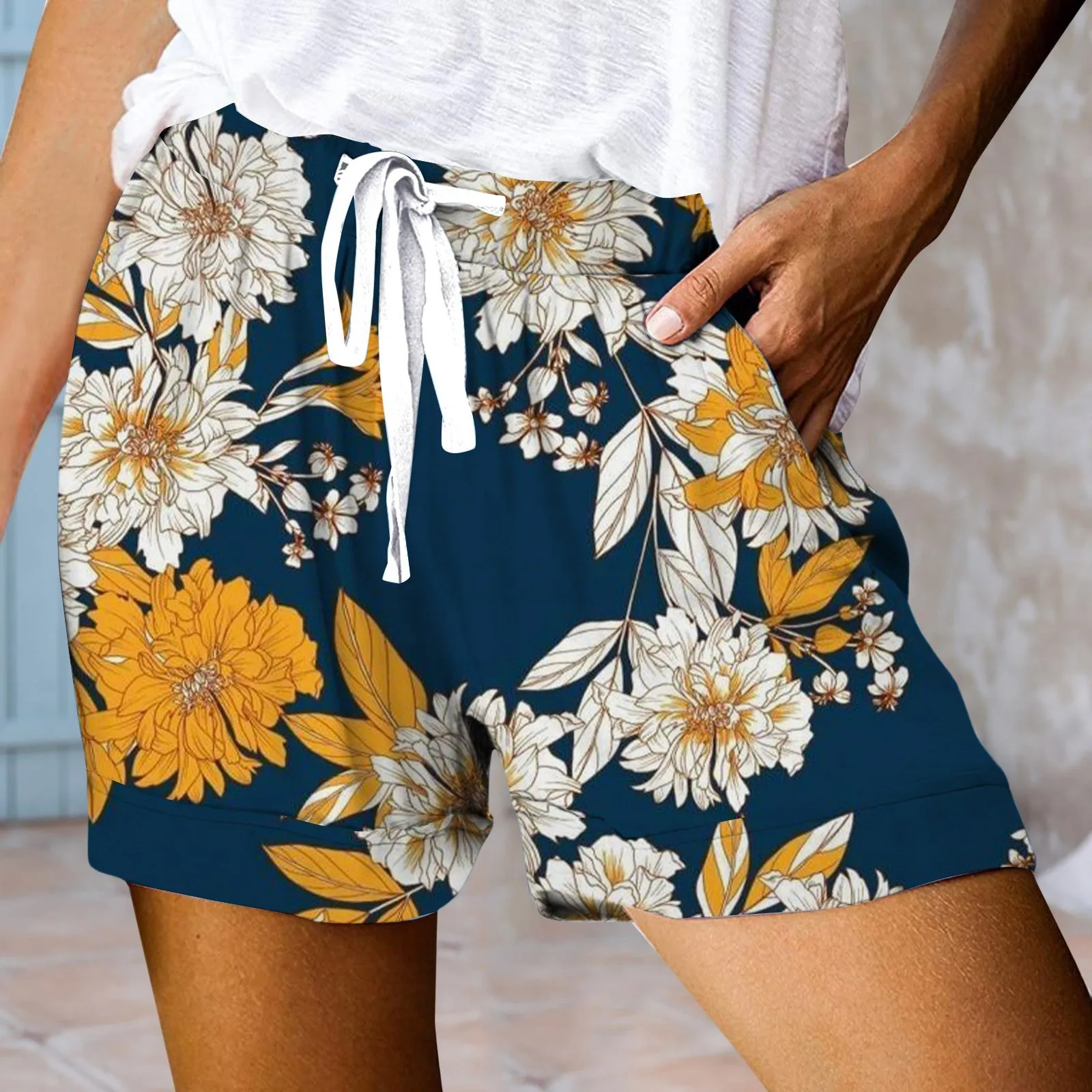 Women Comfy Shorts Drawstring Splice Female Sports Shorts Casual Elastic Waist Pocketed Loose Print Shorts Plus Size Shorts