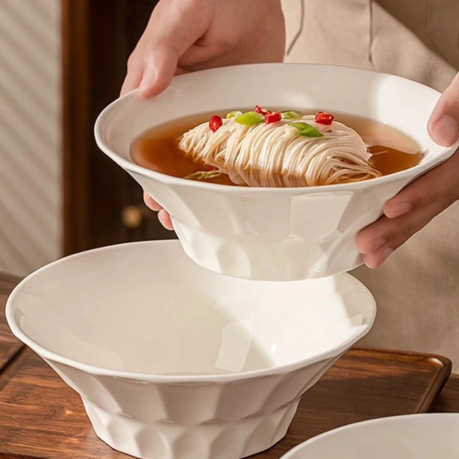 

8 inch Embossment Noodle Soup Bowl Household Large-capacity Ramen Bowl, Snack and Dessert Bowl White Ceramic Tableware