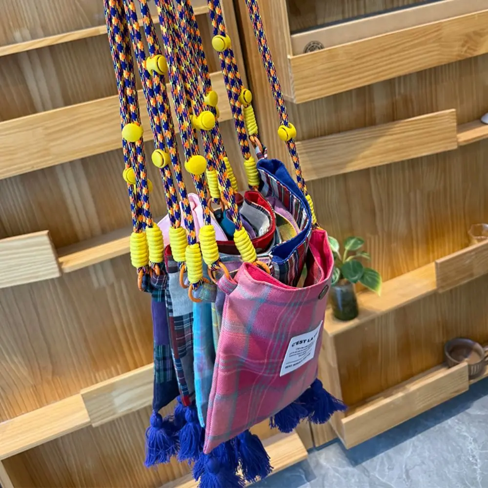 

Vintage Cloth Ethnic Style Crossbody Bag Printed Phone Bag Plaid Canvas Bag Geometric Large Capacity Tassel Shoulder Bag Women