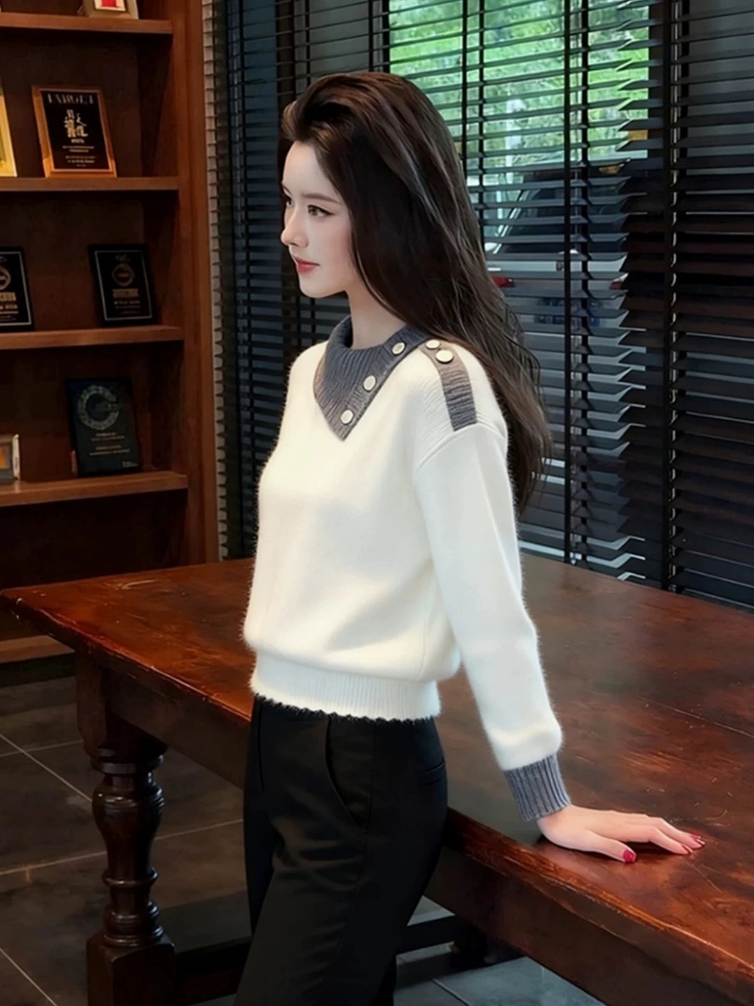 

Зимний вязаный свитер 2025 с воротником, повседневный, с длинными рукавами, в стиле колор-блок, высокое качество, женский модный топ в корейском стиле для прогулок