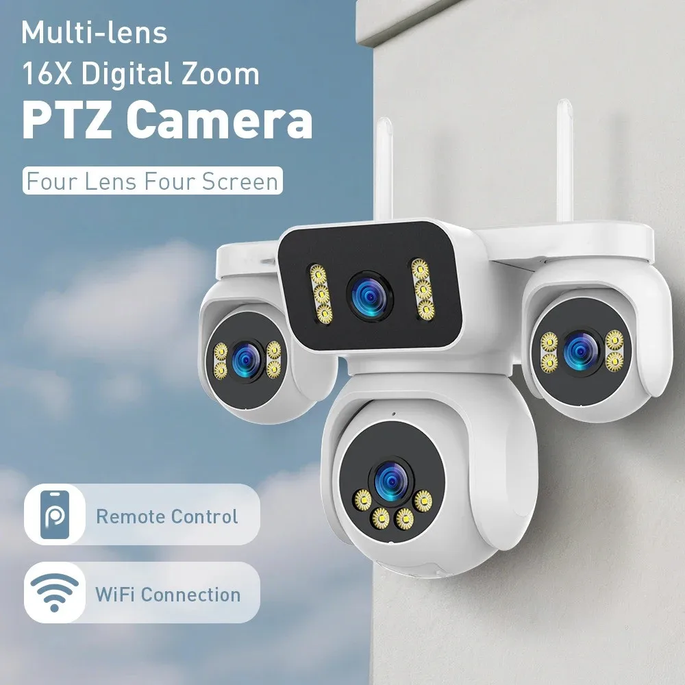 

Wifi Security Camera Outdoor Four Lens PTZ 16X Digital Zoom Human Auto Tracking Cctv Surveillance Cam IP 4-Screen Display Camera
