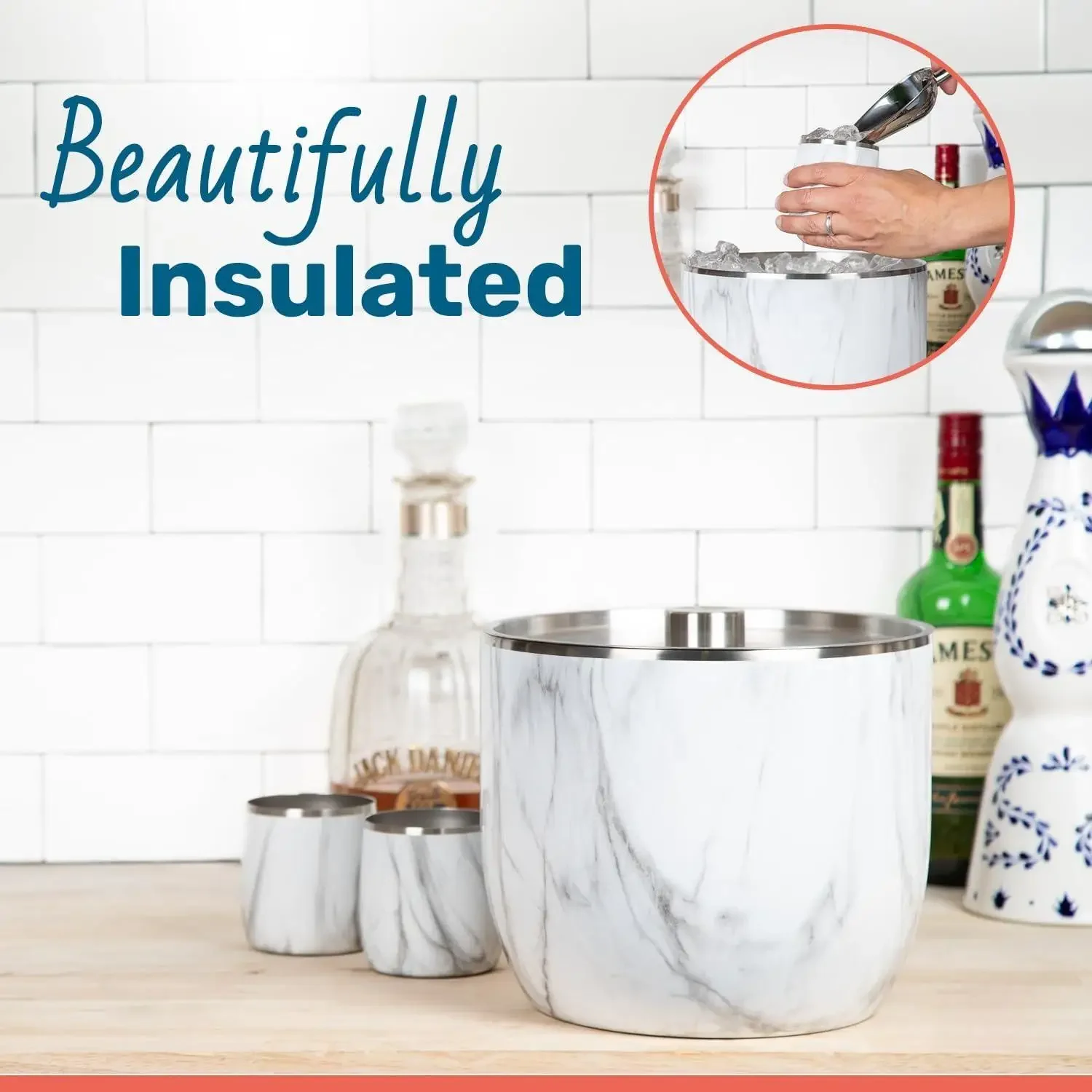 دلو ثلج من الفولاذ المقاوم للصدأ مزدوج الجدار معزول بالفراغ من W_XL مع غطاء/مغرفة، ملحقات البار، كبير