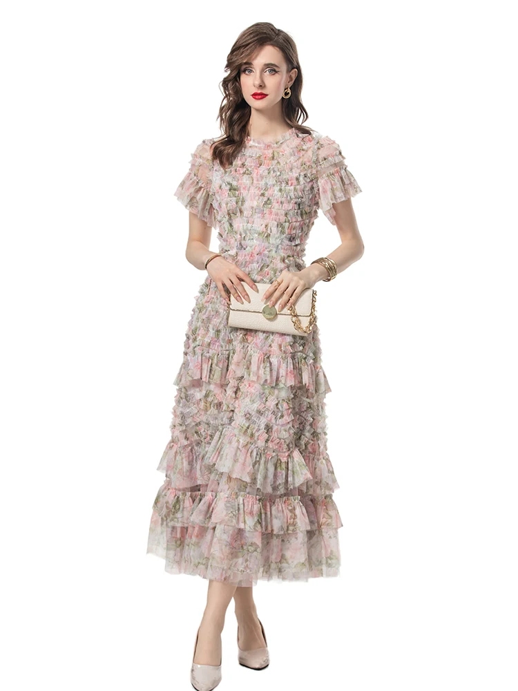 

Gedivoen Summer Fashion Runway Designer Dresses Women's Bohemian Floral Print Cascading Ruffle Net Yarn Temperament Dresses