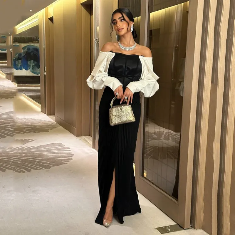 

Saudi Arabia Black Sain Sexy Mermaid Off The Shoulder Prom Dress Simple Boat Neck Party Dress Pleat Open Back Slit Customized
