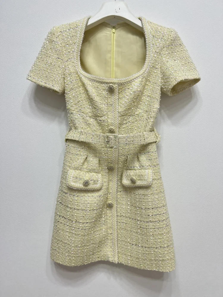 JHJN French Style Retro Tweed Elegant A Celebrity T-shirt Square Collar Dress For Women High Waist Thin Delivery Belt
