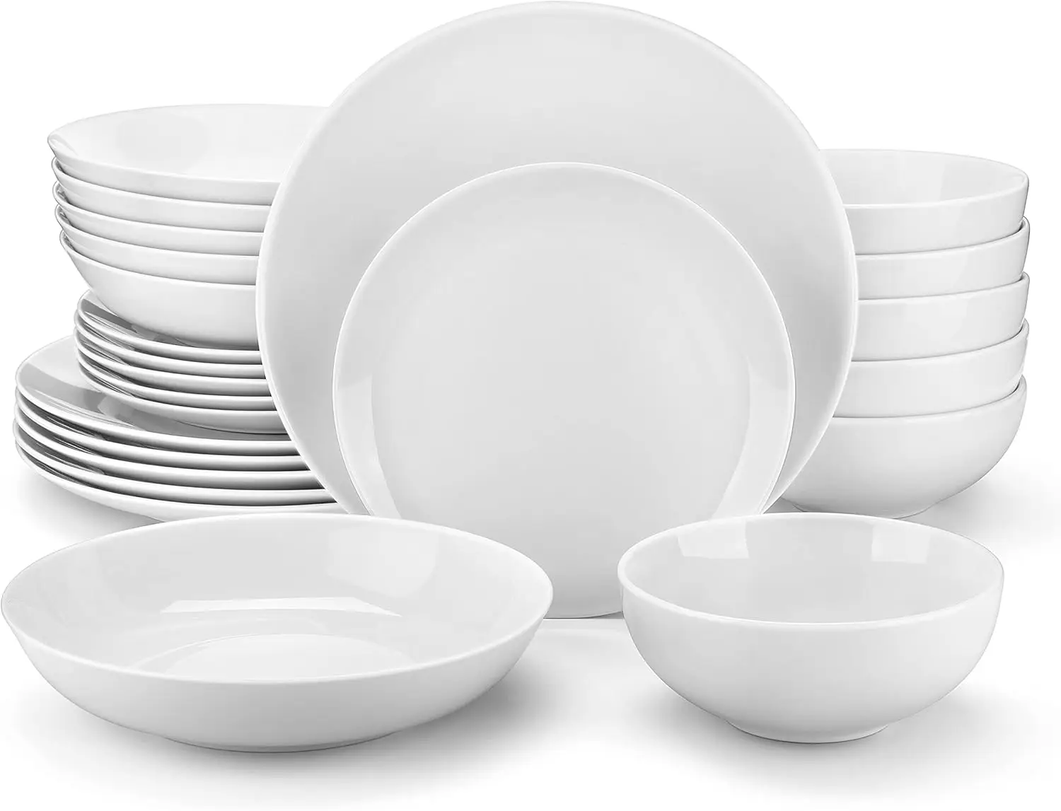 

24-Piece White Porcelain Dinnerware Set for 6, Modern Round Plates and Bowls for Dessert, Salad, Soup, Pasta