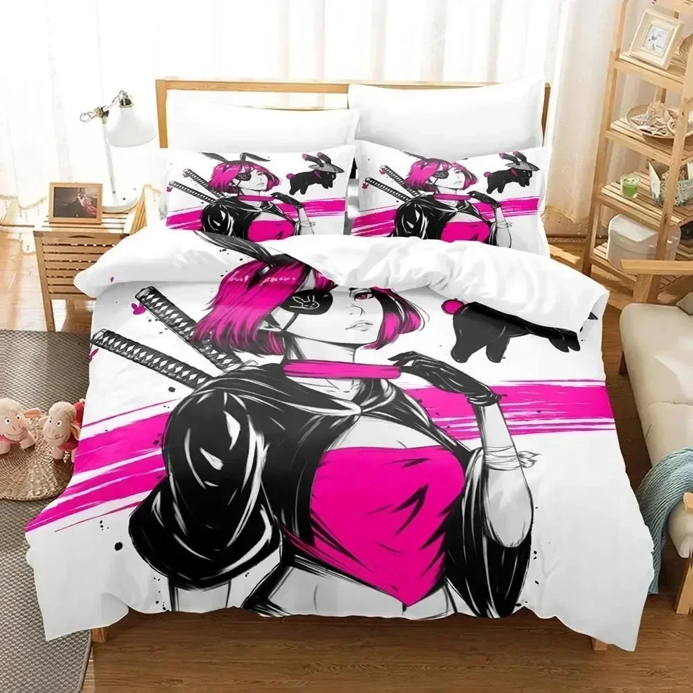 Conjunto de Roupa de Cama Anime Samurai Coelho, Capa de Edredom, Lençol, Conjunto de Cama Estampado, Fronha, Edredom, Tamanhos Casal, Queen, King, para Quarto