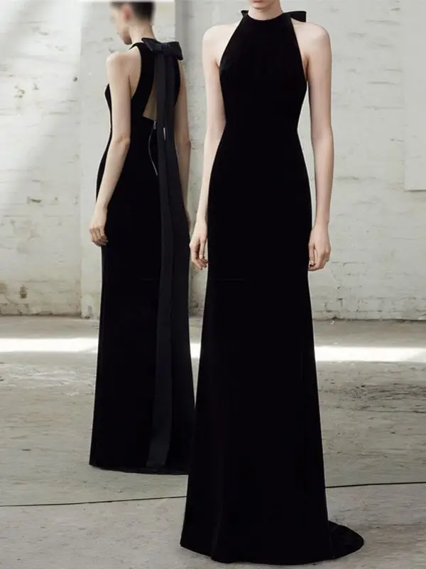 

Banquet Evening Gown Coming Of Age Ceremony High-end Socialite Style Hanging Neck Fish Tail Velvet Bridal Toast Dress Customized