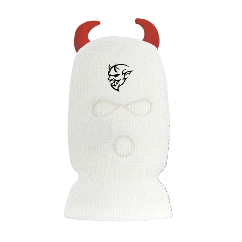 Novelty Knit 3 Hole Mask Horns & Devil Full Face Cover Winter Balaclava for Outdoor Cold Weather Skiing Hiking Cycling