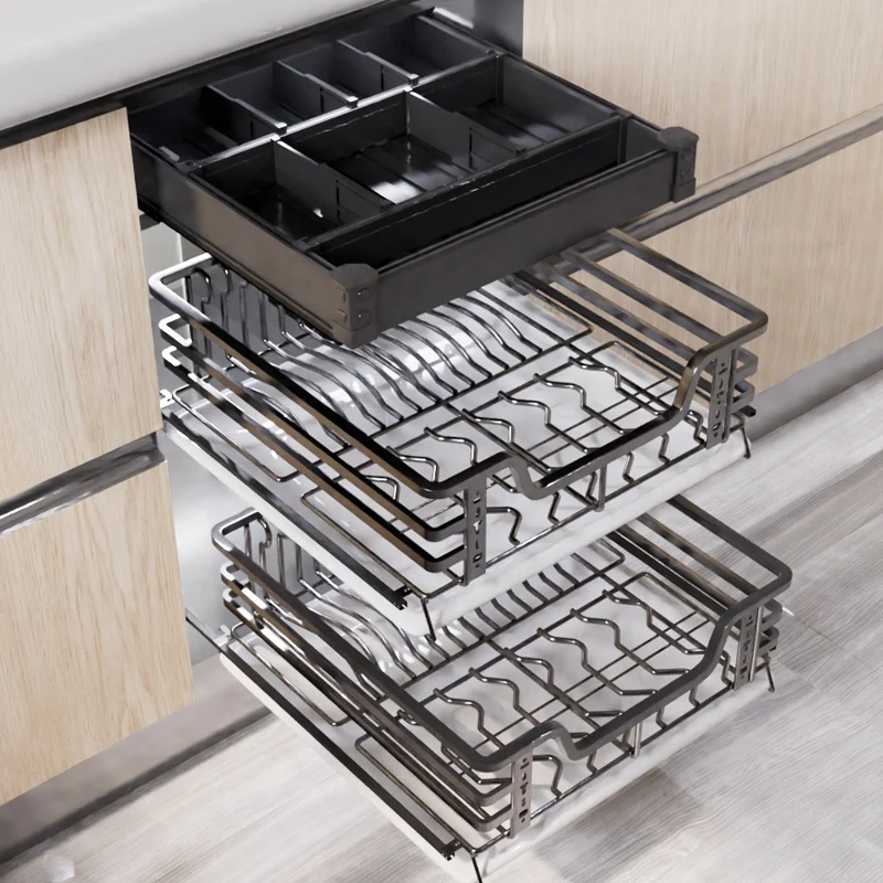 #Stainless steel small size pull basket kitchen cabinet drawer type damping rail dish rack double seasoning storage bowl basket