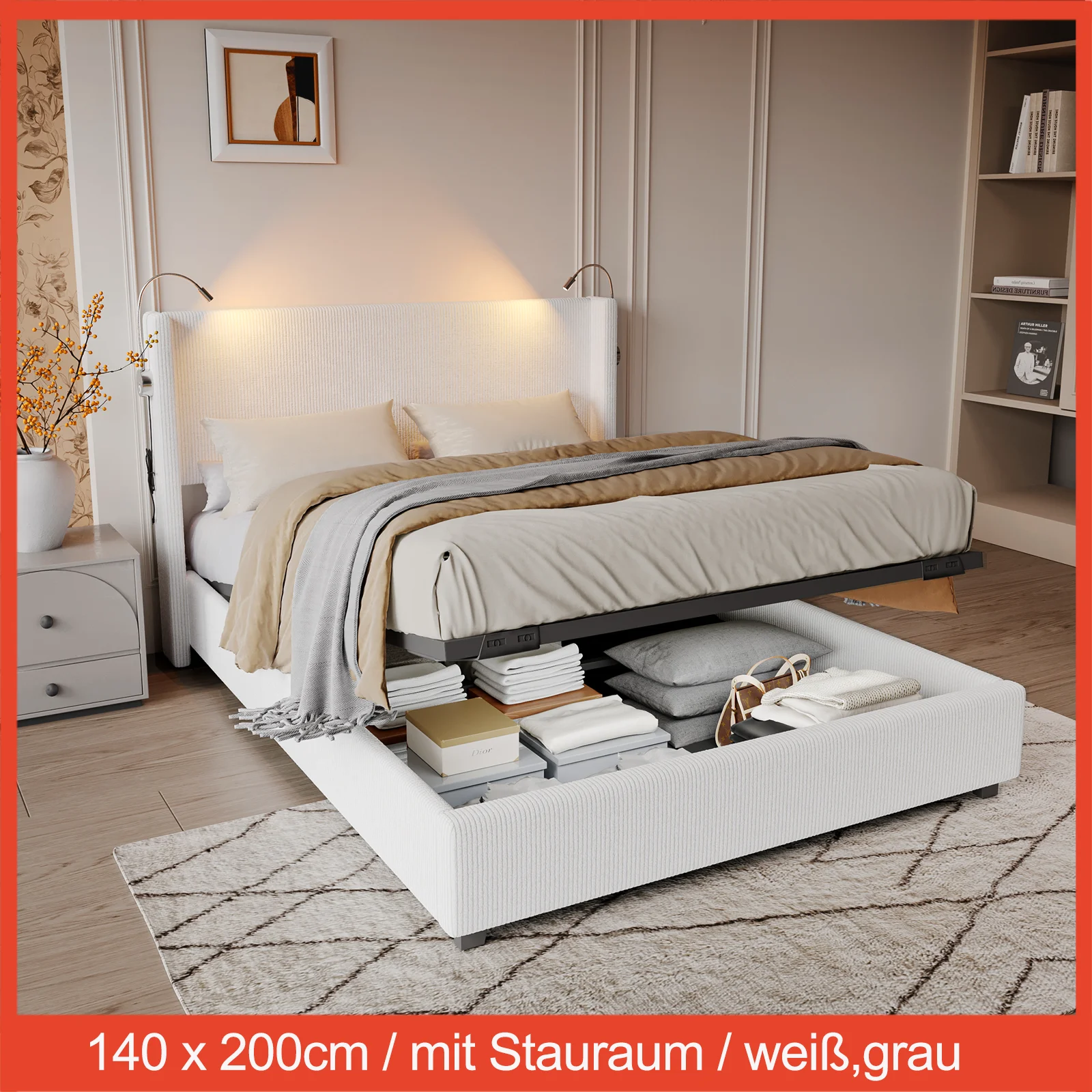 upholstered bed 140 x 200 cm with bedside reading lamp,double bed with headboard,hydraulic storage bed,corduroy,without mattress