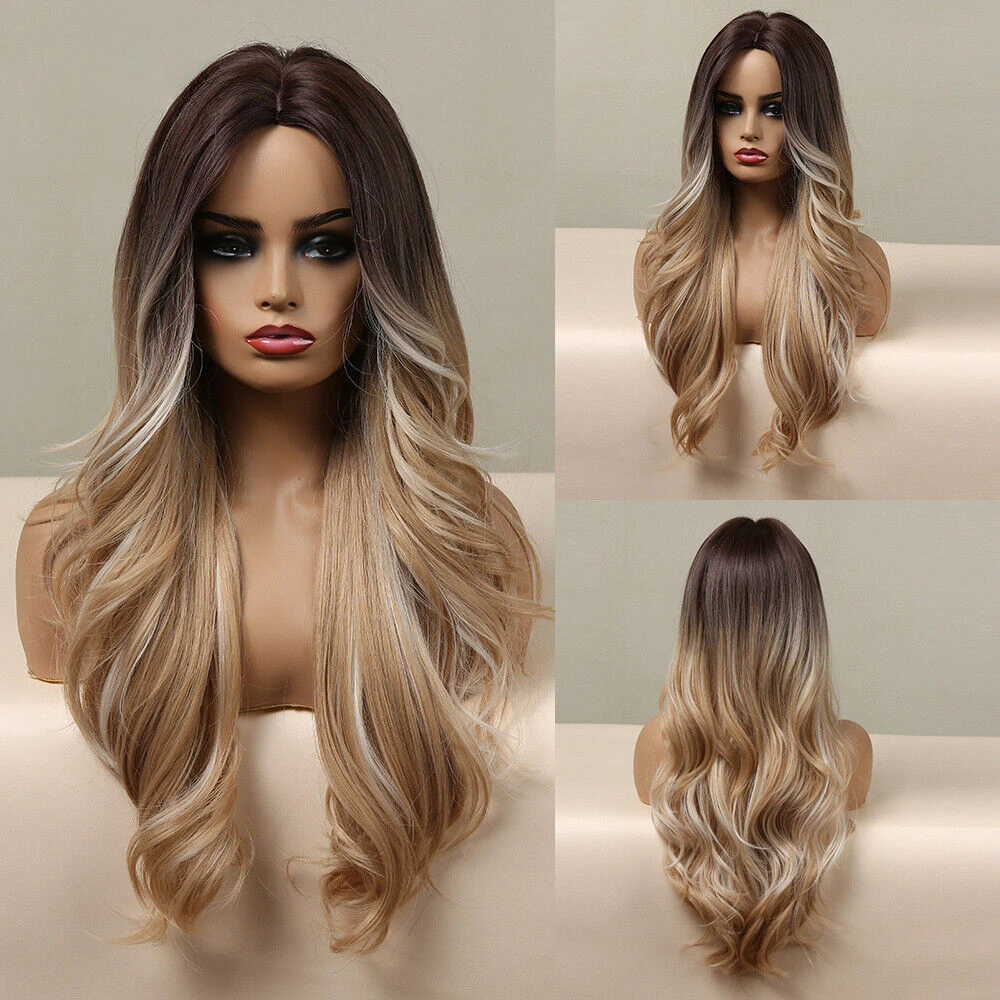 Long Natural Wave Synthetic Women Ombre Dark Brown Blonde Highlights Wig