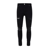 Pantalones vaqueros de diseñador a la moda para hombre, pantalones vaqueros rasgados con parches de cuero ajustados elásticos negros de alta calidad, pantalones vaqueros de Hip Hop de marca Y2K