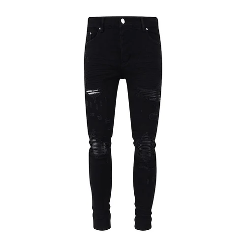 Imagen 1 del producto Pantalones vaqueros de diseñador a la moda para hombre, pantalones vaqueros rasgados con parches de cuero ajustados elásticos negros de alta calidad, pantalones vaqueros de Hip Hop de marca Y2K