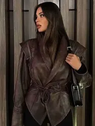 HH Female Street Leather Jacket 2024 Autumn Women's Versatile Brown Long Sleeves V-neck Single Breasted Lace-up Causal Coats