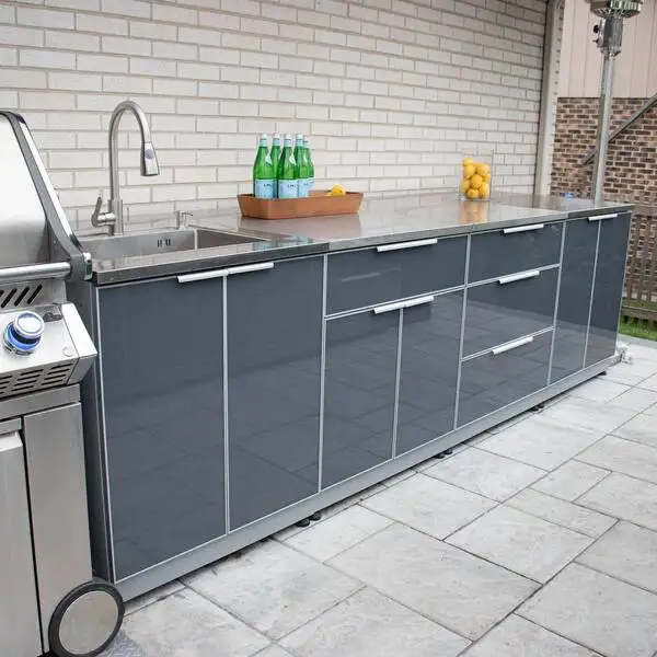 Modern Design Aluminium Frame Glass Door Outdoor Kitchen Cabinet Stainless Steel Kitchen