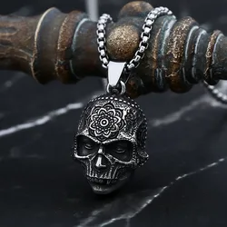 Punk Rock 2024 New Vintage Stainless Steel Skull Head And Pattern Necklace For Men Gothic Chain Biker Jewelry Party Gift