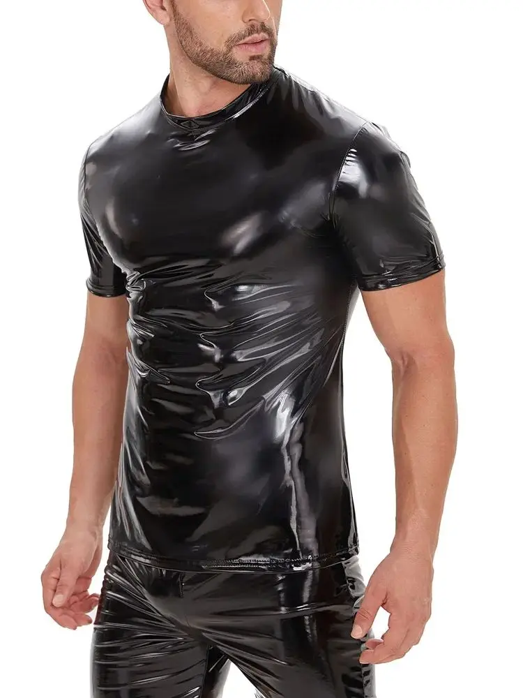 S-5XL Shiny Faux PU Leather Short Sleeve Wet Look PVC T Shirt Men Hip Hop Tshirt Tights Sexy Hot Shapers Muscle Bodybuilding Top