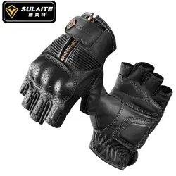 Sulaite Half Finger Motorcycle Gloves Vintage Leather Fingerless Gloves Retro Black Moto Mtb Cycling Gloves for Men Women