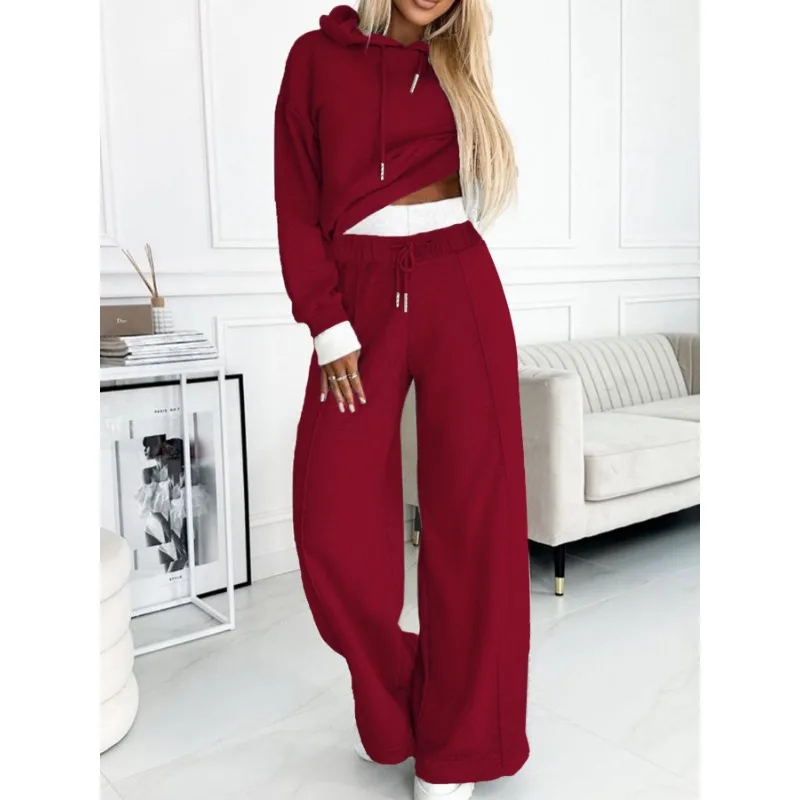 Women Sexy Long Sleeve Hooded Pullover Sweatshirt Top Drawstring High Waist Pocket Pants Suit Spring Autumn New Solid Loose Suit