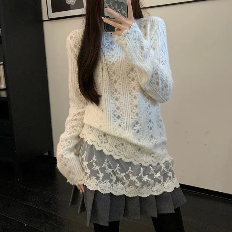 

Deeptown Elegant Vintage Lace Women Sweaters Hollow Out Half Turtleneck Korean Fashion Knitted Pullovers Aesthetic Loose Autumn